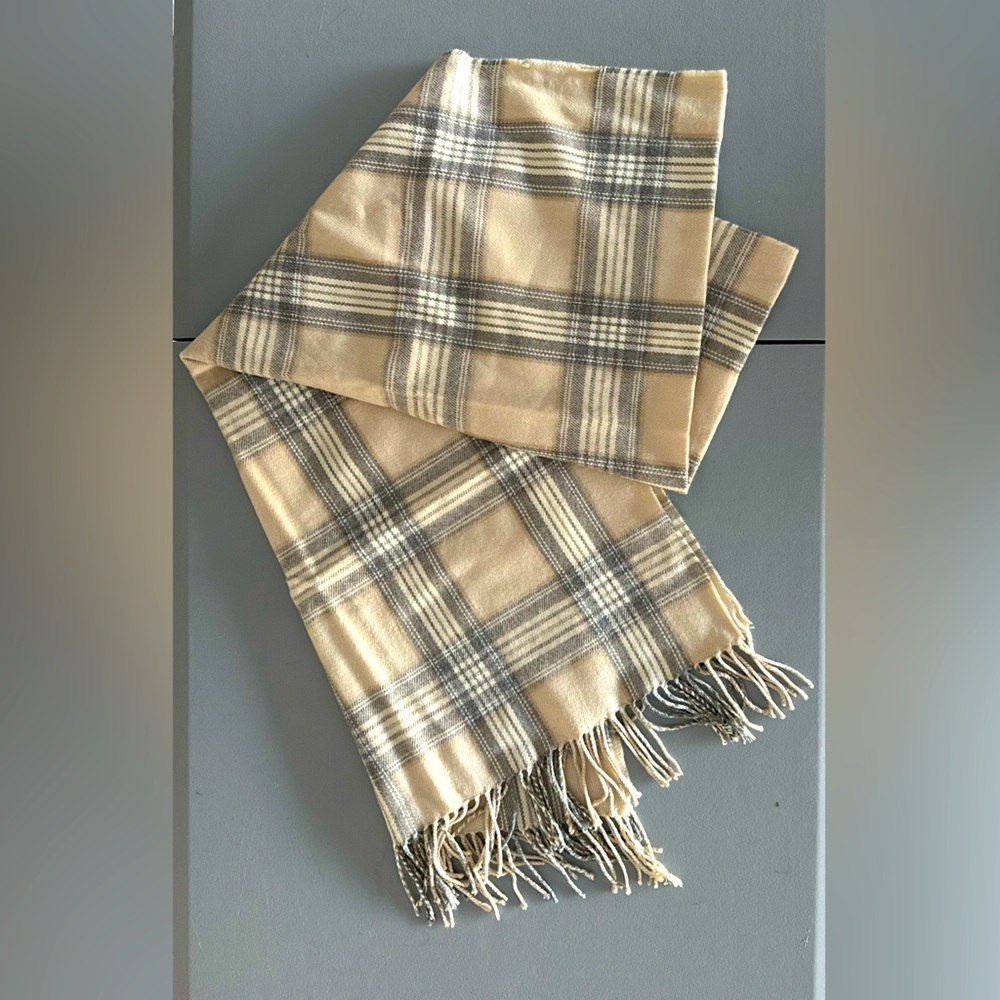 J. Crew Large Cream & Gray Plaid Scarf. 24”W x 76”L (Not Including Fringe).